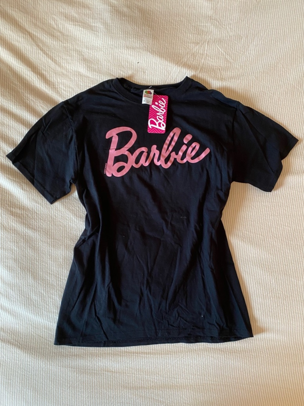 Barbie Black Tee with Pink Script Logo - Short Sleeve